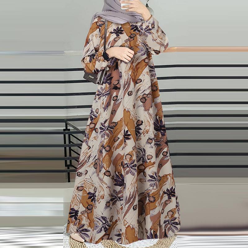 

ZANZEA Женское повседневное длинное платье с круглым вырезом и длинным рукавом с принтом 2XL жёлтый