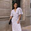 Short-sleeved Floral Dress European and American Summer New V-neck Front Shoulder High Waist Long Floral Dress