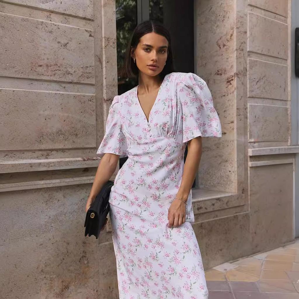 Short-sleeved Floral Dress European and American Summer New V-neck Front Shoulder High Waist Long Floral Dress