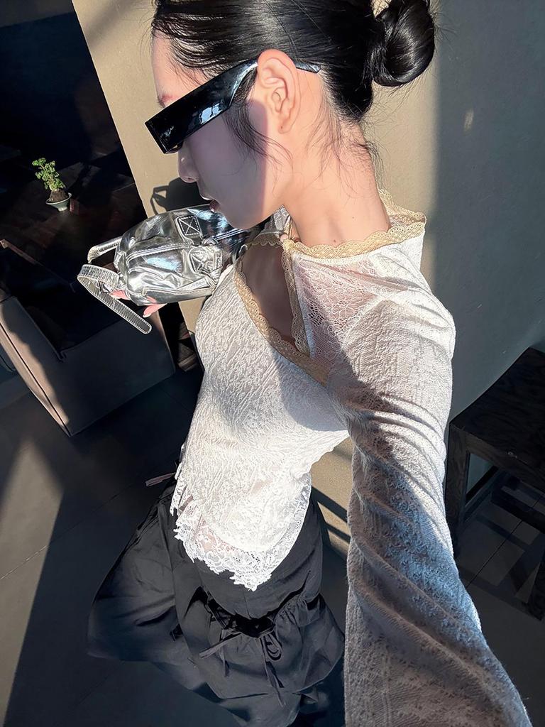 9-Hour Pure Desire Lace Patchwork Women's T-Shirt, Spring 2026 Jacquard Long-Sleeve Inner Top C3087
