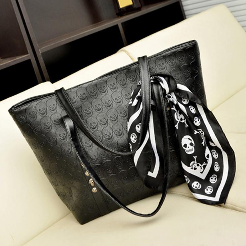 Women Black Skull Print Bags Zipper Shoulder Handbag Tote Bag Handbag Women Skull