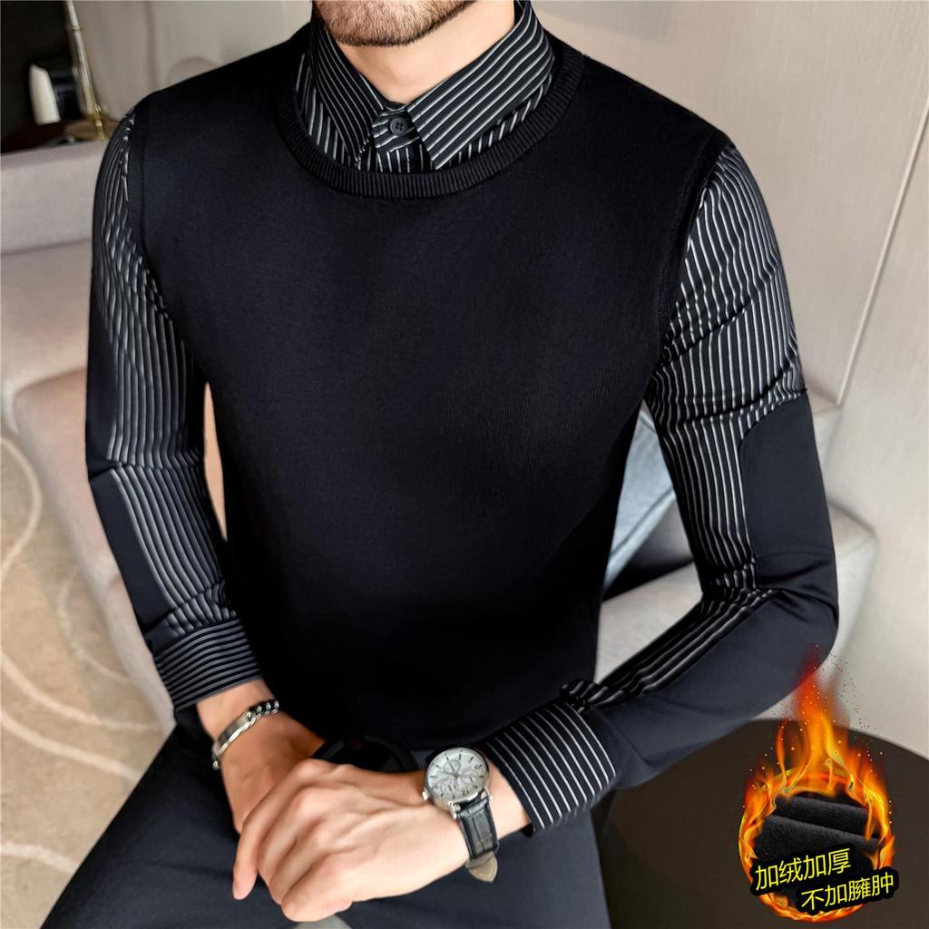 2025 Men's Winter Plus Velvet Warm Sweater Slim Fit Business Trendy Two-Piece Layer Shirt