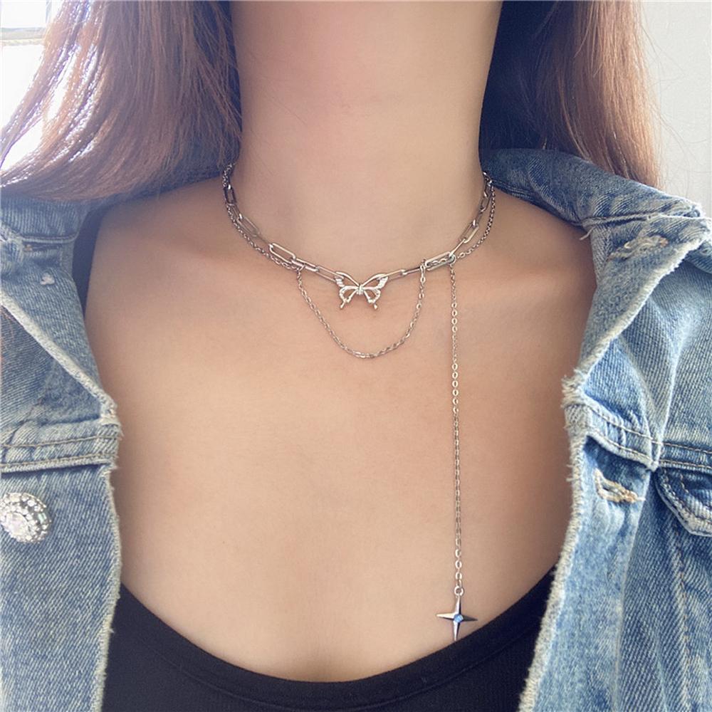 Colar Borboleta de Tule com Pérolas Coreano Novo para Moda Feminina Corrente de Colar com Franja Charmosa Acessórios Joias