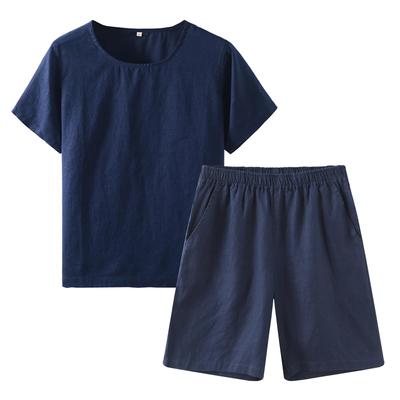 RAKUYUME Kortärmad och Shorts Plus Sommar Herrpyjamas, 100% Linne, Set, Hemkläder, Storlekar, Fukttransporterande, Snabbtorkande, Lätt, Söt,