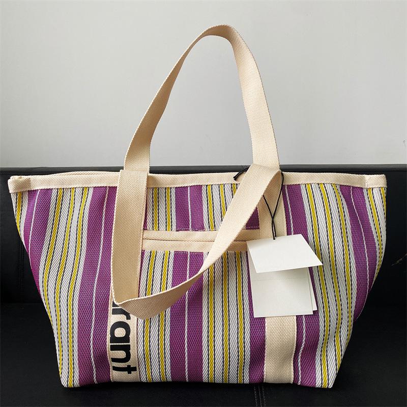 Rakuten Japan Korea Straw Woven Tote Bag with Colored Stripes - Casual Handbag for Shopping