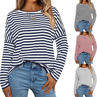 Autumn Plus Size Elegant Striped Casual Pullovers Women Long Sleeve O Neck Drop Shoulder T Shirt