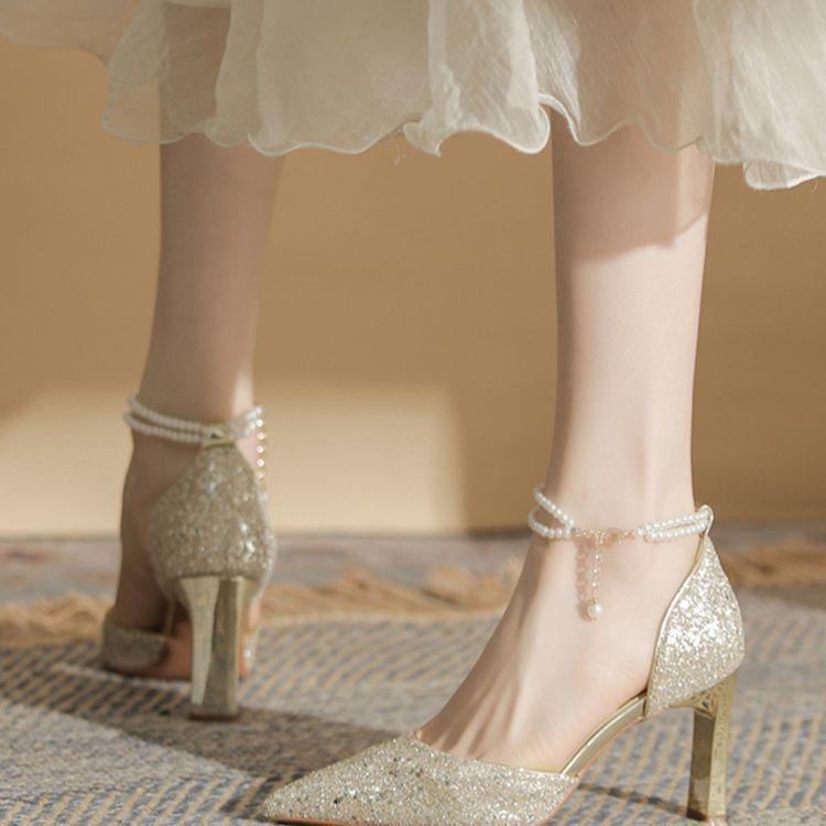 Vestido de noiva prateado sapatos de dama de honra francês ponta salto grosso bar mitzvah pérola oco saltos altos mulheres não se cansam