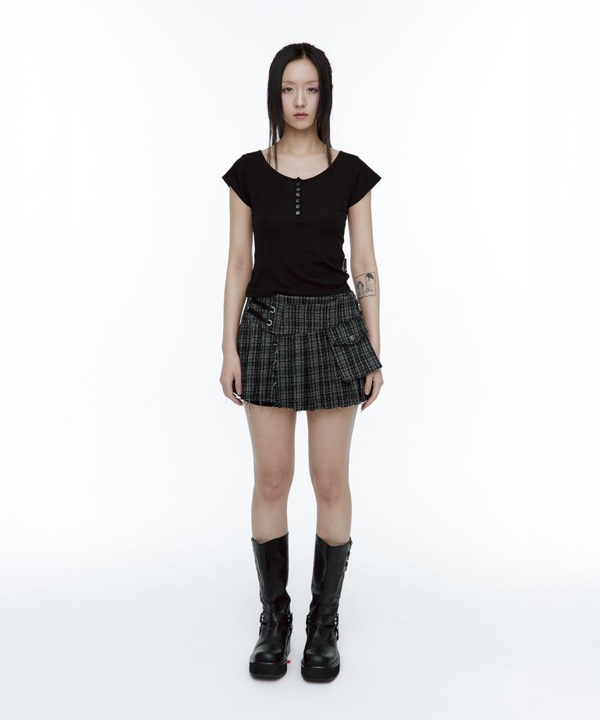 Rough Neck Tartan Check Tweed Skirt Black