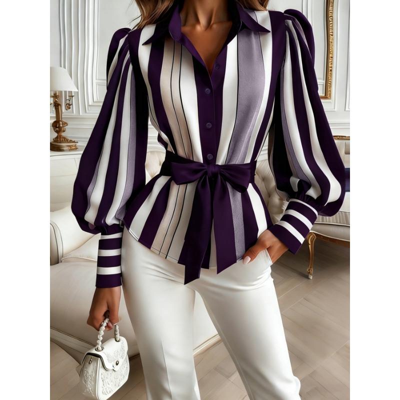 Spring and Autumn New Women's Tops with Bows Fashionable and Casual Long-sleeved Striped Shirts