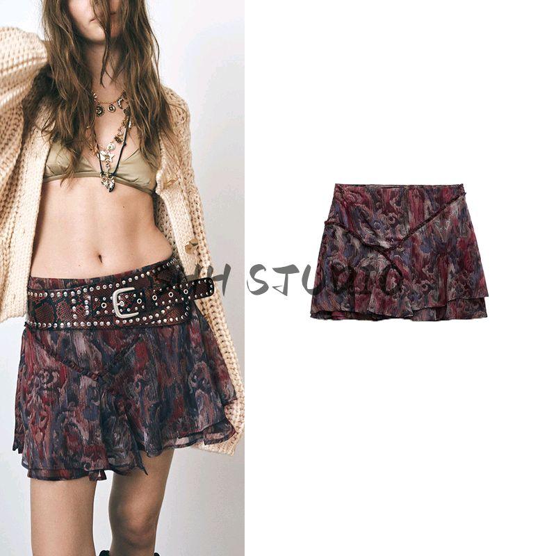 Spring New Women's Clothing Laminated Decoration Metal Color Thread Print High Waist Short Mini Skirt 2267110