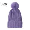 Warm Knitted Hats Winter Hat with Fluffy Fur Ball, Thick Cuffed Cap, Elastic Soft Outdoor Travel Headgear Stretchy Fabric Solid Color for And