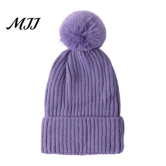 Warm Knitted Hats Winter Hat with Fluffy Fur Ball, Thick Cuffed Cap, Elastic Soft Outdoor Travel Headgear Stretchy Fabric Solid Color for And