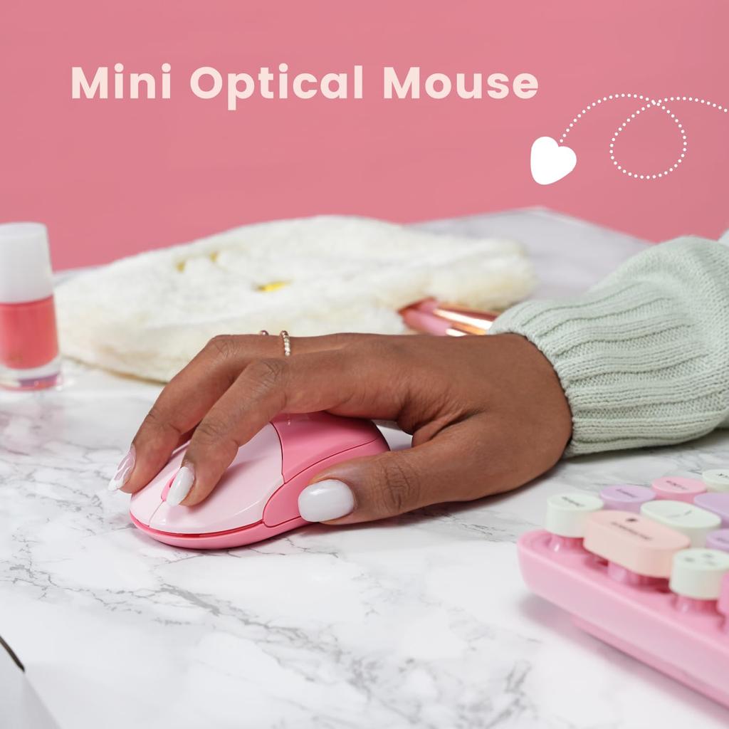 Perixx Bluetooth Wireless Mini Keyboard and Mouse Retro Round English Layout PERIDUO-802PK Set, Keys, Pink,