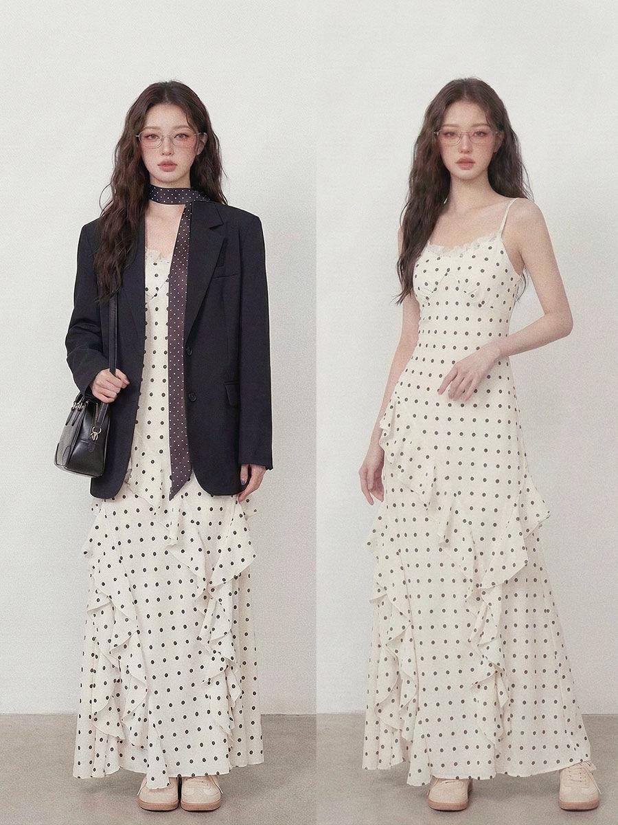 Plus Size 2026 Polka Dot Slimming Dress & Black Suit for Women - Spring/Summer Style M