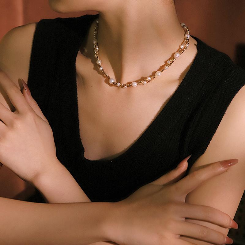 Natural Pearl Copper Bead Necklace 18k Gold Plated Luxurious Design Classic Necklace Banquet Wedding Women's Jewelry GN0862