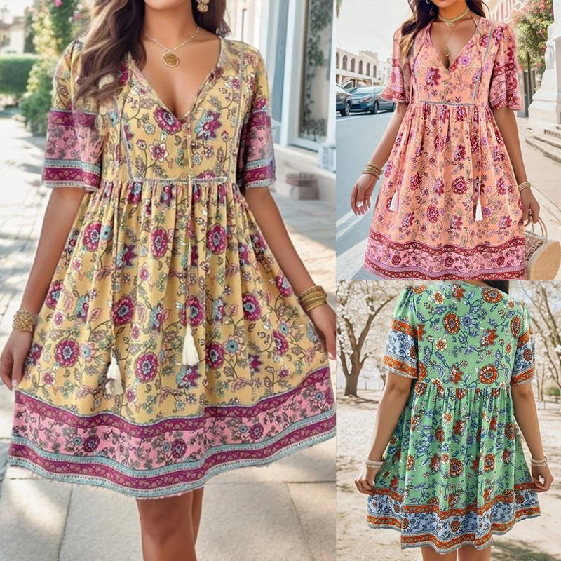Damen Blumendruck Boho Strand Minikleid Sommer V-Ausschnitt Kurzarm Schnürung Lässige Lose Urlaubskleider Robe Weiblich