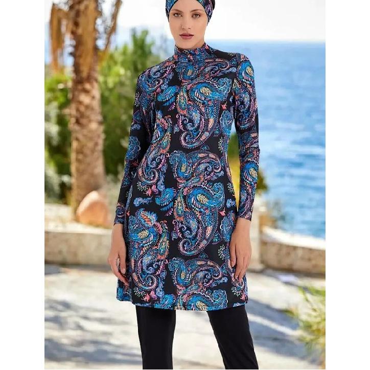 

Мусульманский женский купальник из двух частей, полностью закрытый буркини, топ и брюки, модный купальник с принтом для женщин, полностью закрытый купальник с длинным рукавом большого размера (Без 5XL бежевый