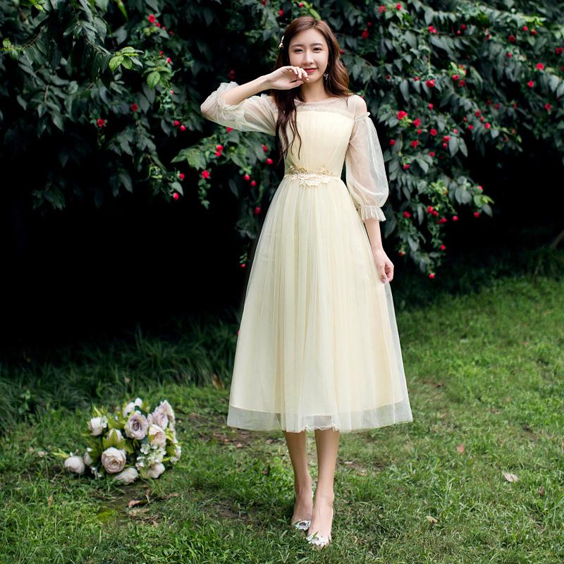 2025 New Off-the-Shoulder Bridesmaid Dress: Mid-Length, Slimming, with Fairy Charm for Special Occasions.