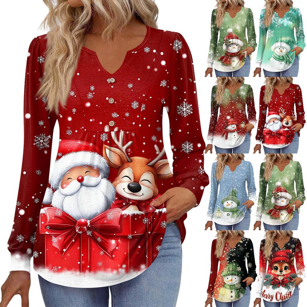 Women's Fashionable Casual V-neck Blouse Button Christmas Printed Long-sleeved Pullover T-shirt Top