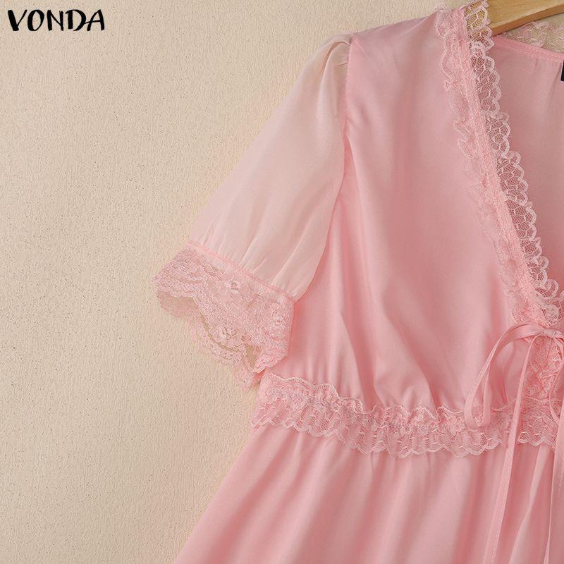 VONDA Women V Neck Short Sleeve Lace Hem Sheer Patchwork Casual Blouse Tops