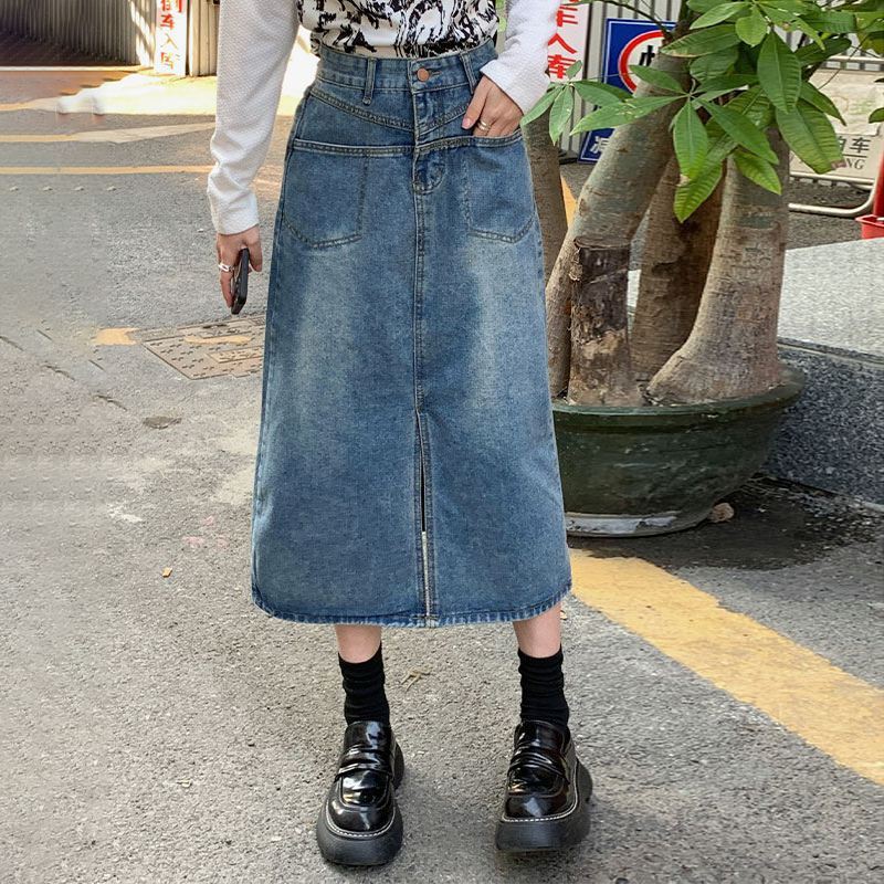 Bottoms Elegant Classic Woman Design Pockets Women Split A-line Vintage Package Hip Mid-length Versatile Comfortable Fashion Denim Bustier Skirt
