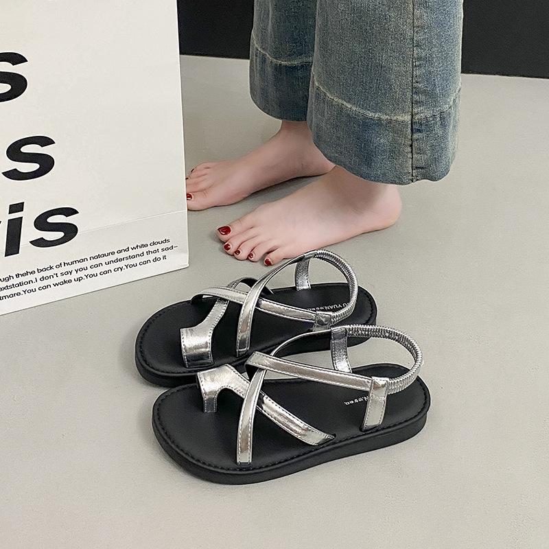 

Summer with 2025 new women s casual vacation flat-bottomed cover toe sandals skirt beach shoes Roman shoes women s shoes 40 серебряный