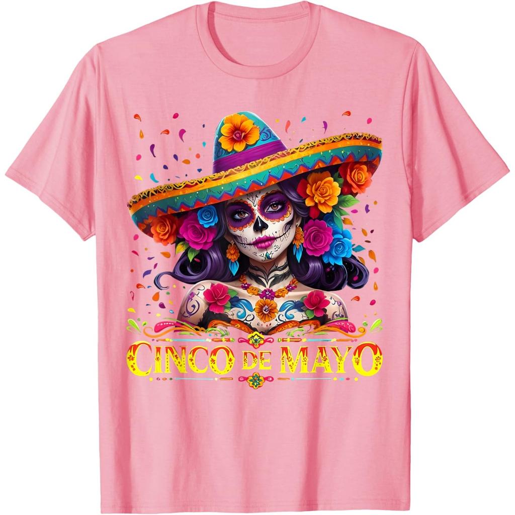 Cinco De Mayo Sugar Skull Women Sombrero Graphic T-Shirt Casual Cotton Tee