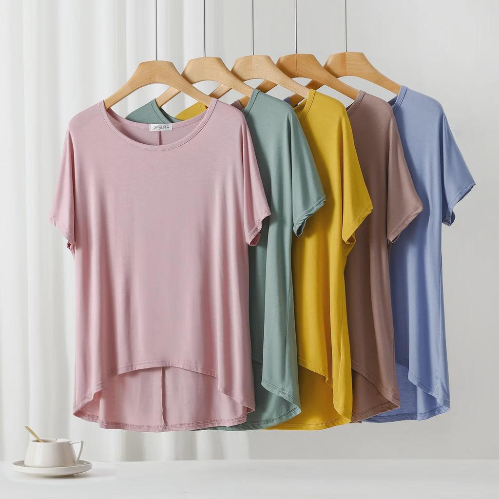 Sommar Lös Passform Modal T-shirt: Kort fram, lång bak, Plusstorlek Fladdermusärm