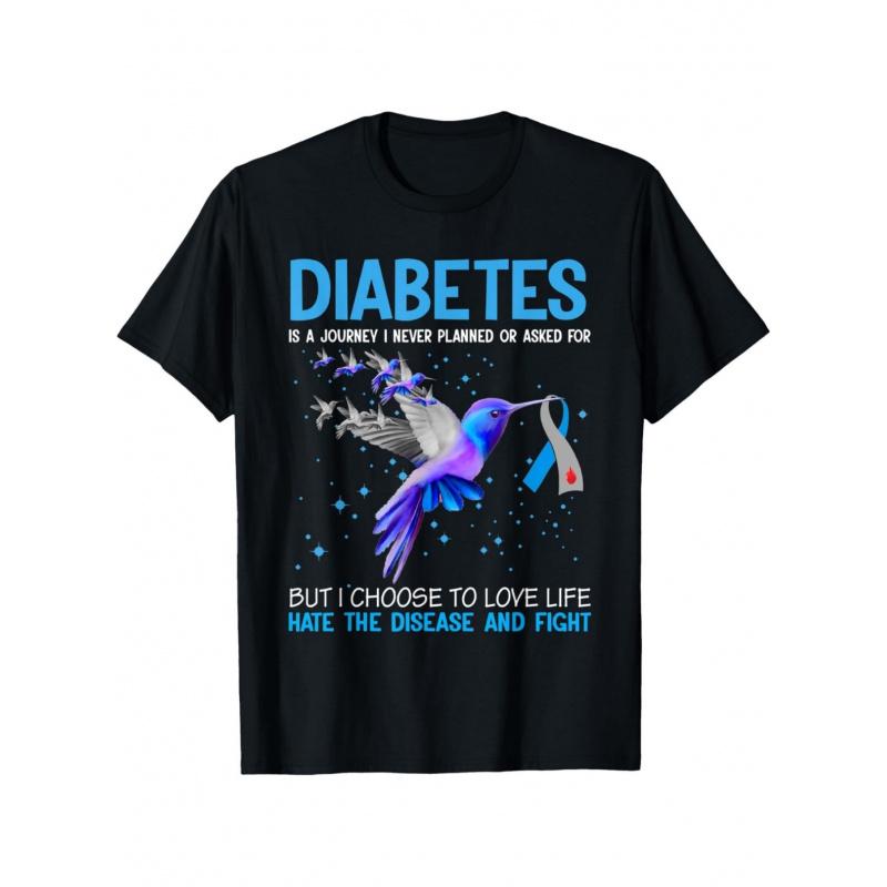 Men'S Diabetes Awareness T-Shirt-Diabetes Is a Journey I Never Planned Bold Blue And Red Letters with Hummingbird And Ribbon Design 180G Heavy
