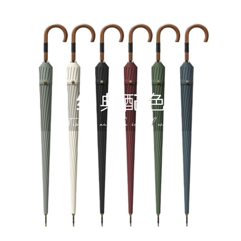 16-Bone Automatic 280t Fabric, Strong and Durable Wooden Curved Handle, Men's Straight Rod Umbrella, Wrapped Leather Umbrella Head Can Be Added.