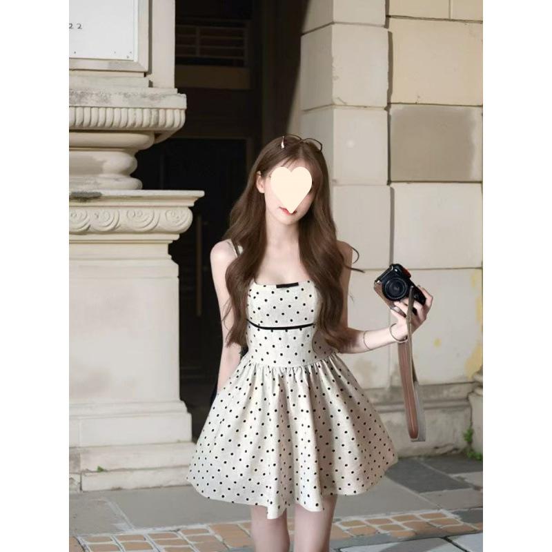 Pure desire style square collar polka dot sleeveless dress summer new high sense waist princess puffy short skirt children