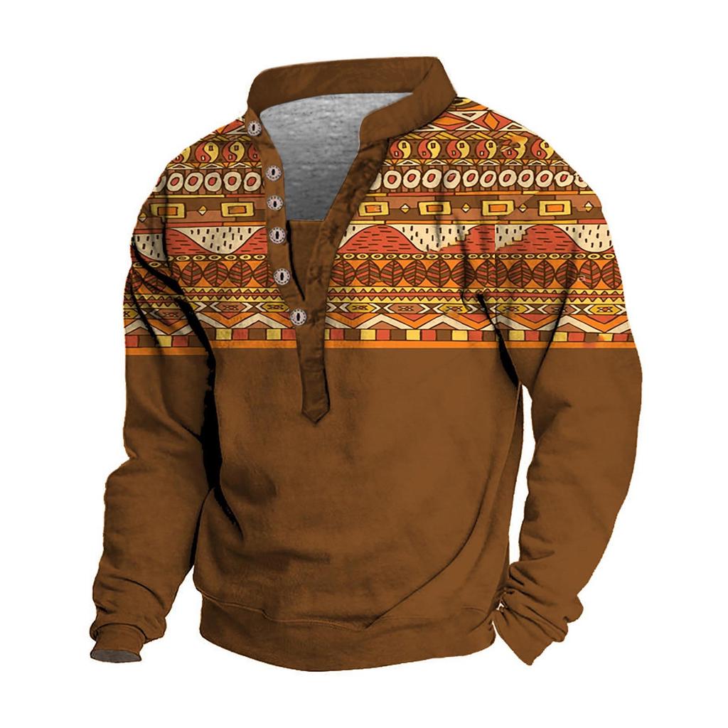 Pullover mit V-Ausschnitt für Herren, 3D-Digitaldruck, Stehkragen, 6 Knöpfe, Vintage-Kragen