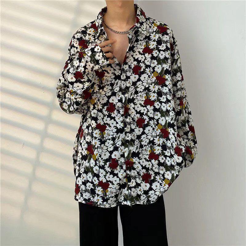 Unisex Thai Vintage Floral Long-Sleeve Shirt, Loose Fit for Street Dance, Spring/Autumn