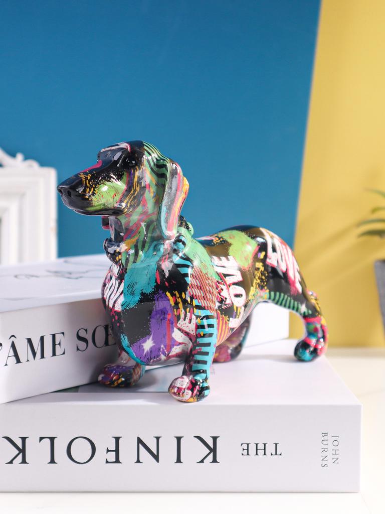 Watercolor Dachshund Sculpture, Resin Animal Figurine, Home Decorative Accessories for Bedroom, Living Room, and Study