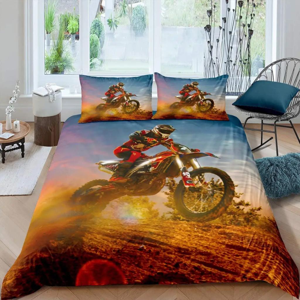 3pcs Cool Motorbike Bedding Set Dirt Bike Duvet Cover Twin Motocross Rider Comforter Cover Extreme Sports For Boys Adults