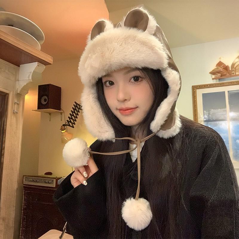 

Lei Feng Hat Ladies Warm Pu Leather Plush Earmuff Cap For Skiing And Outdoor Activities KhakiBearHat