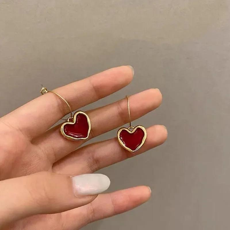New Korean Love Heart Earrings For Women Fashion Red Heart Vintage Enamel Metal Drop Earring Jewelry Gifts Wholesale