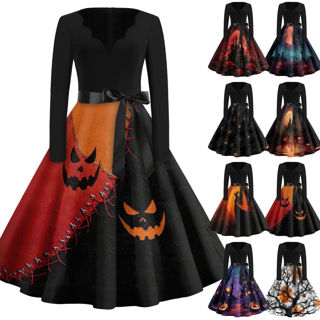 Women's Vintage Halloween Print V-Neck Dress, Casual Party Outfit for Celebrations