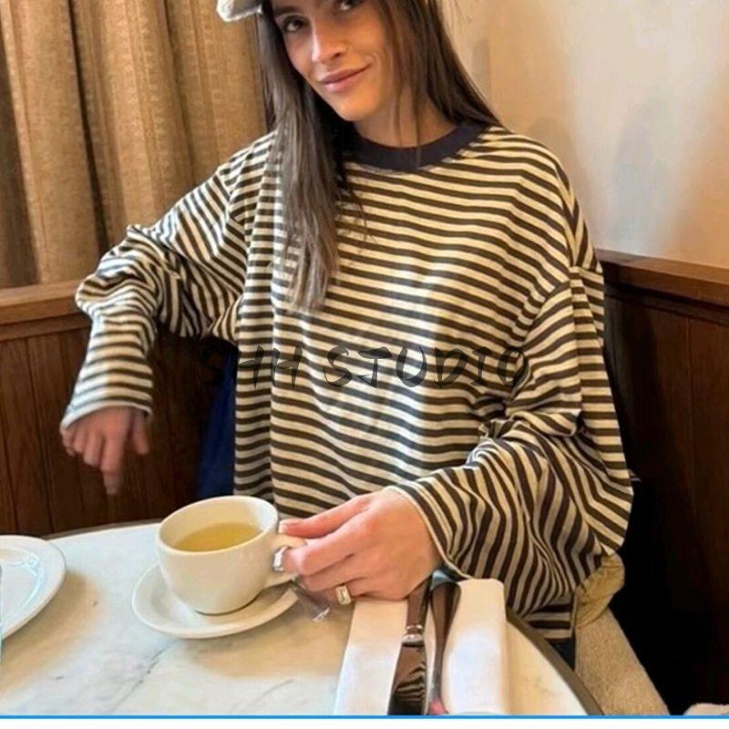 Summer New Product Women's Clothes French Lazy Style Round Neck Long Sleeves Contrast Color Stripes Casual Loose T-shirt Tops