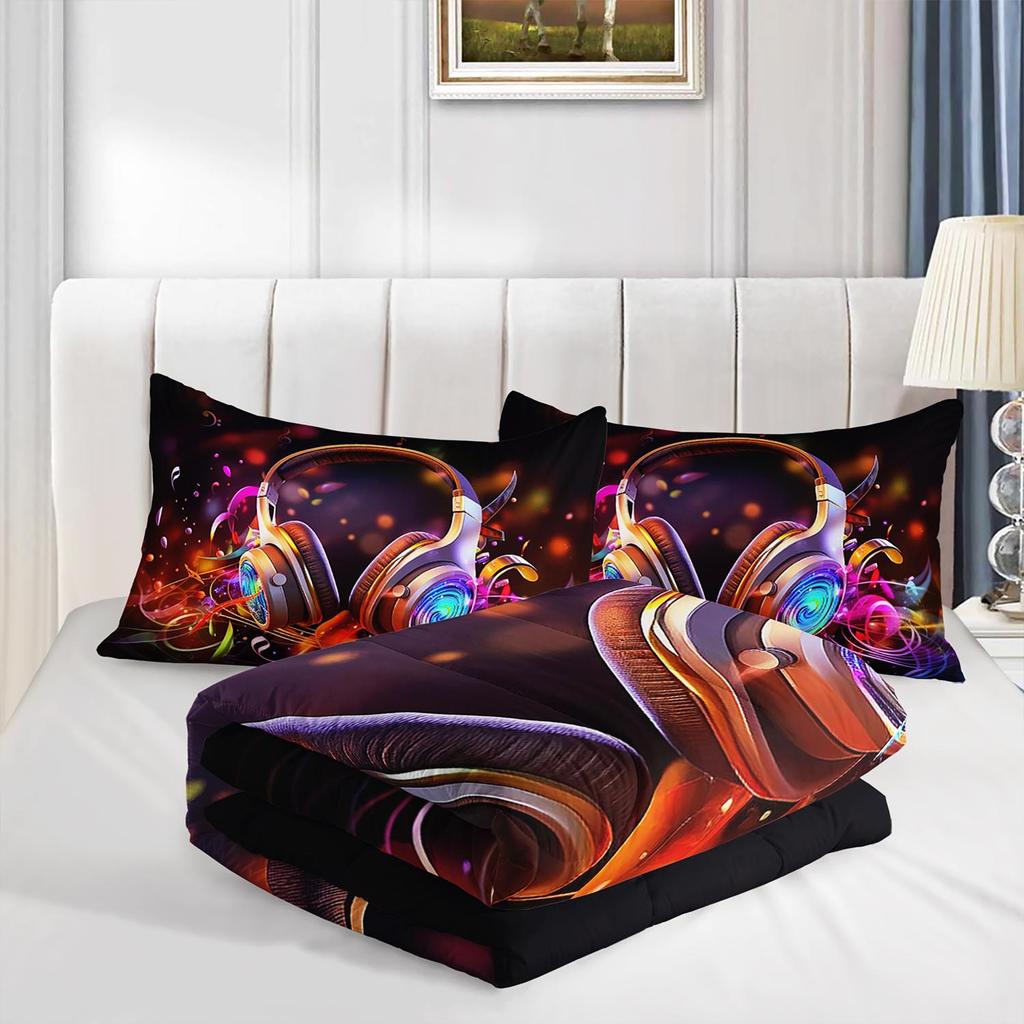 3PC Music Themed Comforter Set Glowing Headphones Duvet with 2 Pillowcases - Bedroom Or Guest Room Decorative Musical Bedding