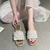 Fashion Pearl Flat Bottom Sandals Women Summer Outdoor Wear New Retro Square Head Tassel One Strap Soft Bottom Open Toe Slippers
