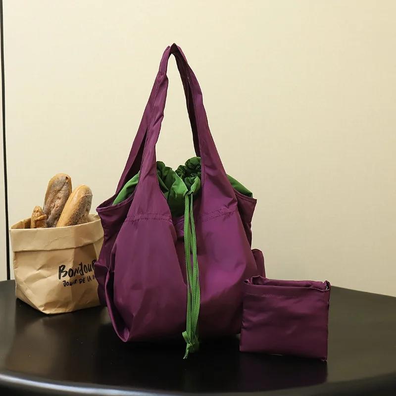 Reusable Drawstring Design Handbag Waterproof Nylon Foldable Shopping Bag Large Capacity Storage Bags Shopping Eco Bag Travel