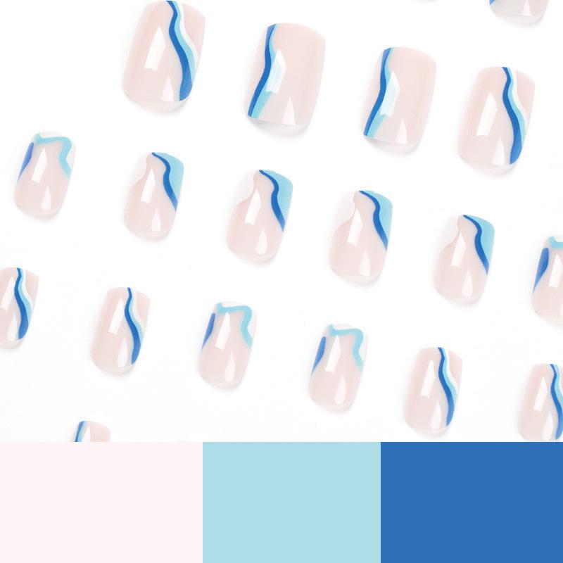 Wearable Wave Pattern Nail Tips - White & Blue, Medium-Long