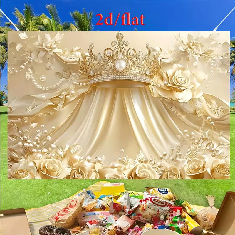 2D Royal Gold Queen Crown and Pearl Floral Backdrop Photography Background Banner 47.2x31.5inch/120*80cm