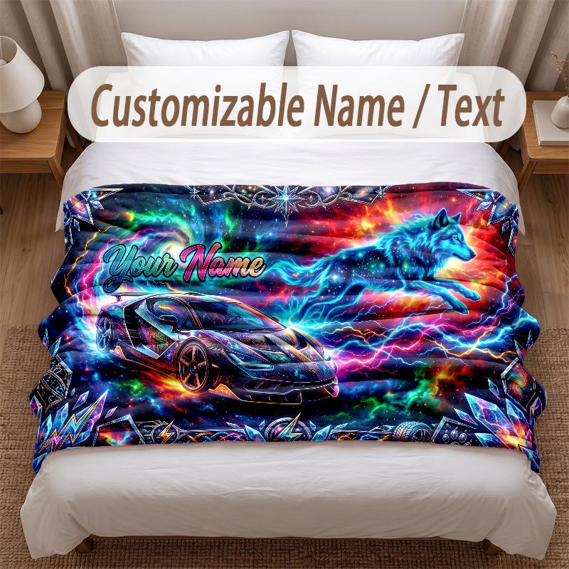 Wolf Theme Soft Blanket Personalized Custom Name Text Print Warm Blanket Home Sofa Bedroom Decor
