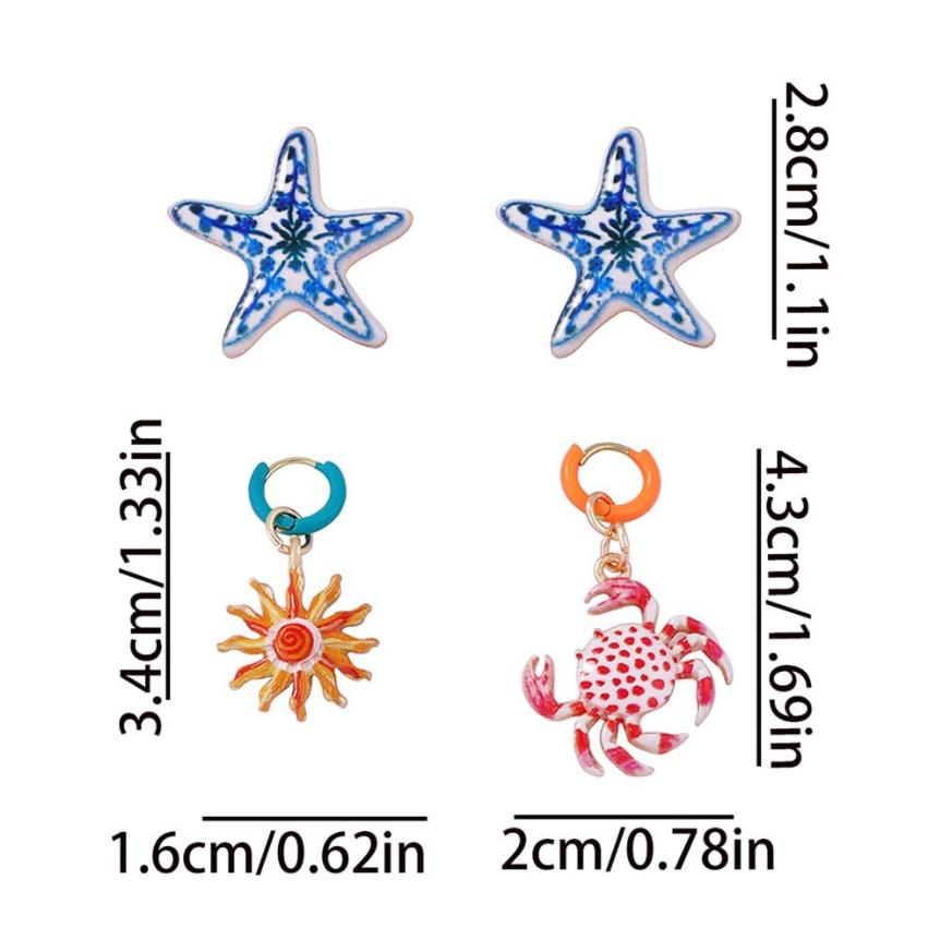 4Pcs/Set Personalized Trendy Creative Design Alloy Starfish Crab Earring For Women Party Jewelry Gift