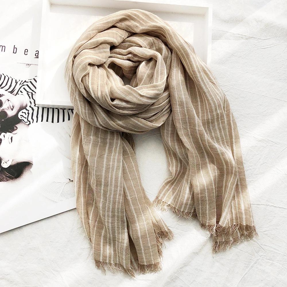 Autumn and Winter Striped Cotton and Linen Scarves for Women Classic Cotton and Linen Casual Silk Scarves for Men New Pleated Literary Retro Shawls