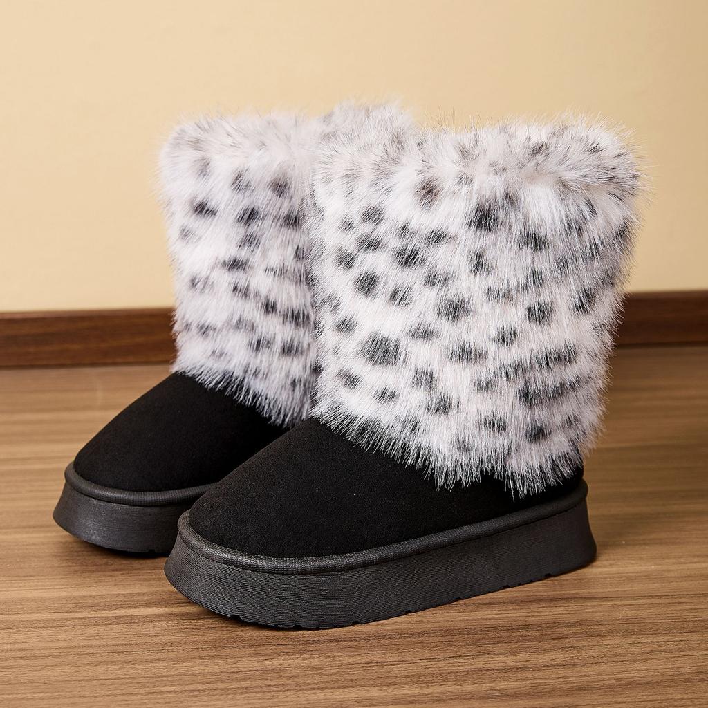 Cross new leopard print long-haired high boots winter women's thick-soled non-slip warm cotton slippers foreign trade wholesale home cotton shoes
