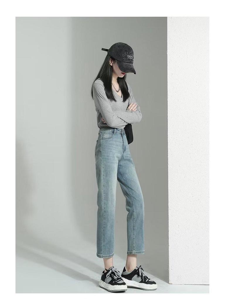 2025 Spring/Autumn Women's High Waist Straight Leg Jeans - Slimming Light Tone Cropped Cigarette Pants