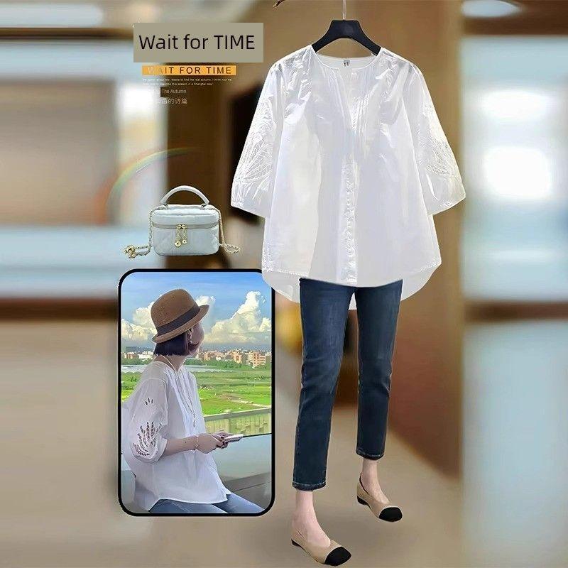 150.00kg Korean Style Chubby Girl Plus size women clothing White 3/4 Sleeve round Neck Shirts Loose Hollow out Simple and Versatile Top White 3XL